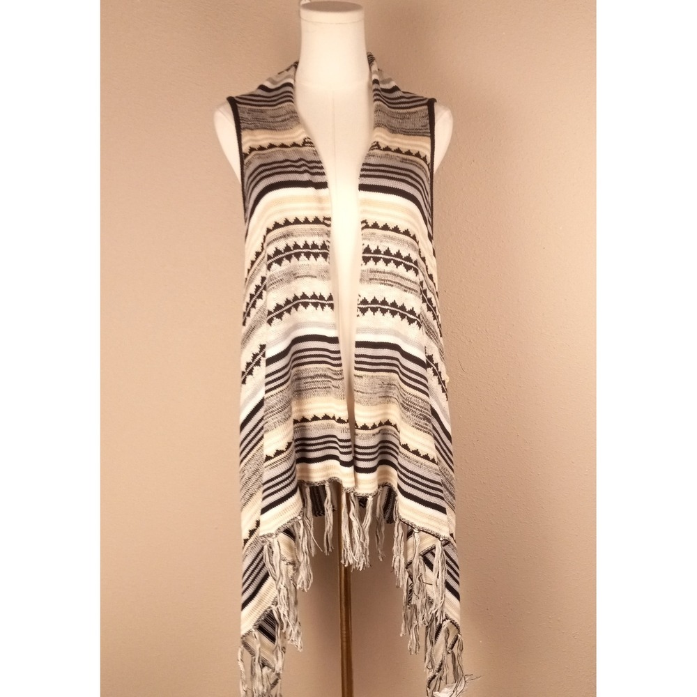 One World Live and Let Live Womens Large Southwestern‎ Fringe Knit Vest Cardigan